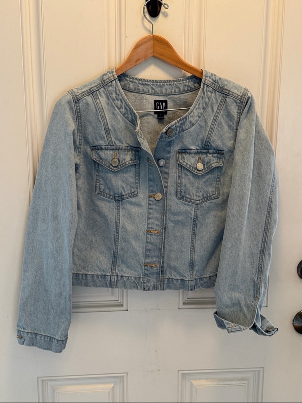 GAP Light Wash Blue Denim Jacket with Collarless Neck